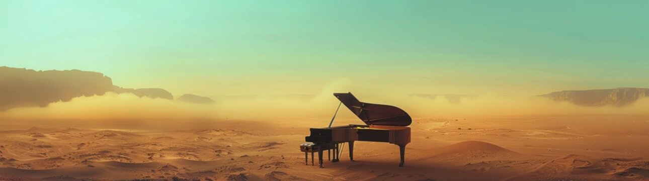 A grand piano in the middle of an endless desert, surrounded by vast desert sizes, in the style of illustration, beautiful, an oil painting, watercolor, colorful, soft light, smoot