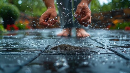 Close-up of hands spreading polymeric sand between wet garden pavers with raindrops splashing