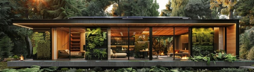 Modern glass house surrounded by lush greenery, showcasing elegant contemporary architecture with open living spaces and natural light.