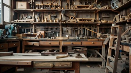 A vintage woodworking shop brimming with tools, showcasing the craftsmanship of artisans.