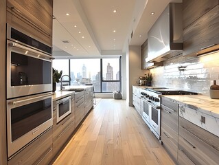 Naklejka premium Modern kitchen with city view, stainless steel appliances, wooden cabinets, bright lighting, and sleek countertops in a luxury home.