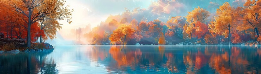 Serene autumn landscape featuring vibrant fall foliage reflecting in a calm lake under a misty sky, capturing the beauty of nature's seasonal change.