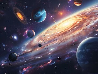 Stunning conceptual illustration of a cosmic landscape showcasing planets and galaxies, encompassing the wonder of the universe.