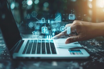 Merchants use laptop and online shopping ICONS for shopping bags with money bags, online shopping concepts,