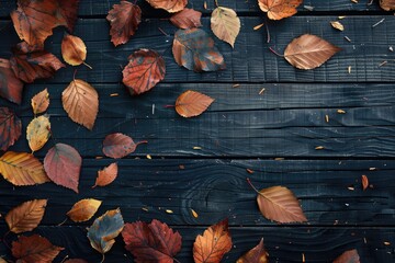Autumn leaves on the wooden background. Copy space for text.