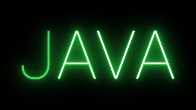 Flickering glowing green neon Java sign animated black background