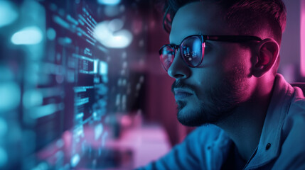 data analyst working with virtual AI assistant, futuristic digital software technology, modern digital tech 
