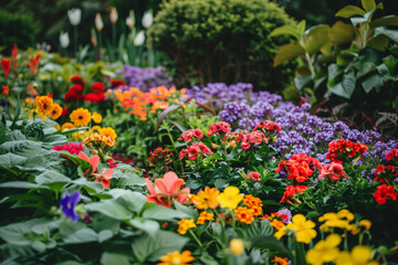 Obraz premium A field of colorful tulips creates a vibrant sea of blossoms, painting the landscape with hues of red, yellow, pink, and orange.