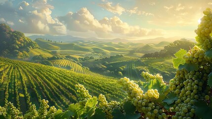 Fototapeta premium Capture a photorealistic, tilted-angle view of a lush vineyard against a backdrop of rolling hills in oil painting style