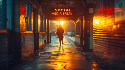 “SOCIAL MEDIA BREAK” sign - Person walking away - walking out the door - silhouette - leaving - moving on - had enough 