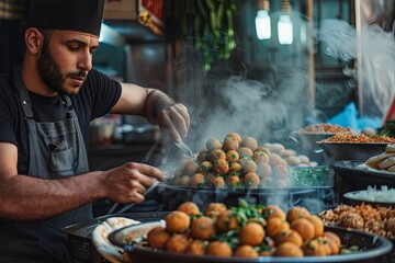 A vendor in Cairo, frying and serving falafel balls in pita bread, with a variety of toppings. © Azhorov