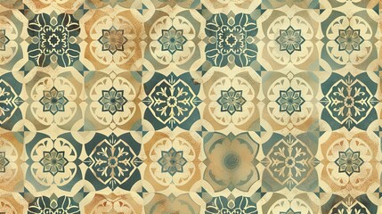 A faded, retro-style pattern with repeating motifs and a muted color scheme.
