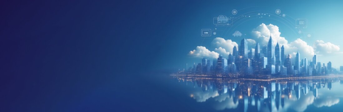 Cloud computing, cloud cost efficiency, smart city wireless internet communication. Business with artificial intelligence and cloud computing concept with copy space for text.