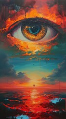 Surreal eye over ocean at sunset with vibrant colors, concept art