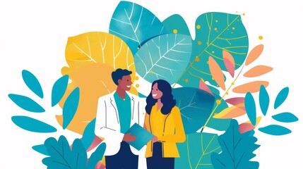 a painting of a man and woman applying for a job, fresh background with tree with leaves of blue, green and yellow