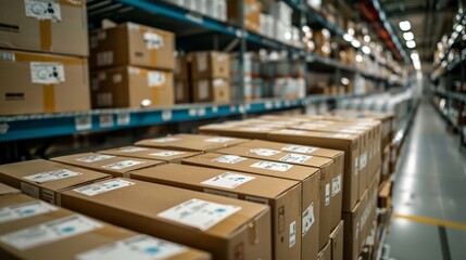 Close-up of packed crates and boxes, each marked with pill symbols, ready for dispatch in a sterile facility