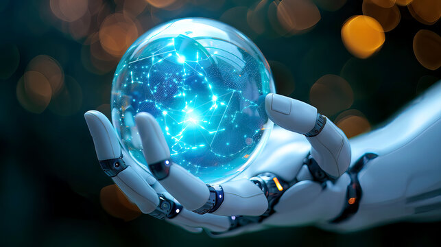 Cybernetic robot hand holding a blue white glowing digital sphere representing the modern data network, advanced artificial intelligence technology