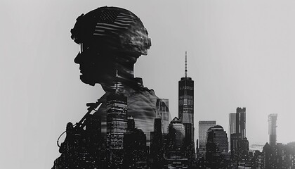 Double Exposure of  Silhouette soldier with Landmark Independence Day Fusion of Patriotic Imagery
