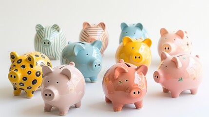 A group of piggy banks in different colors and patterns on a white background, representing diversity in savings