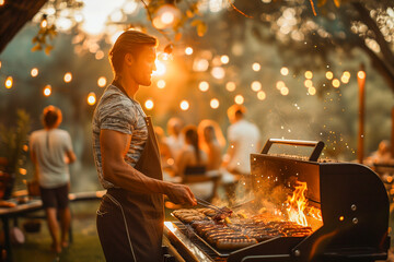 Fototapeta premium A backyard barbecue on the Fourth of July at sunset, with a diverse group of people grilling burgers and hot dogs