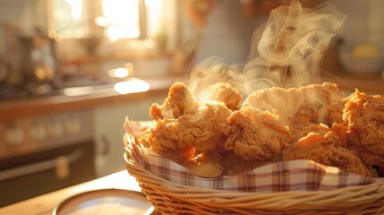 A basket of freshly fried chicken pieces with steam rising, set against a background of a cozy kitchen