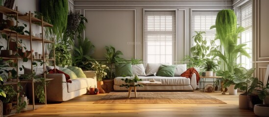 Natural concept living room interior with green ornamental plants