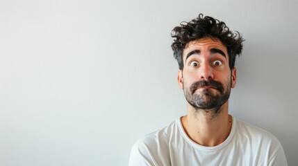 Fototapeta premium Surprised man with beard and mustache looking up at camera in fashionable style for business trip portrait