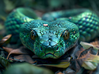 Fototapeta premium close up of an emerald green snake with its head peeking out from behind leaves