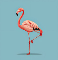 cute pink flamingo in a simple flat illustration style using simple shapes. The art design has a solid color background with a full body portrait of the flamingo 