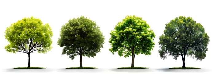 4 different trees with green leaves, isolated on white background