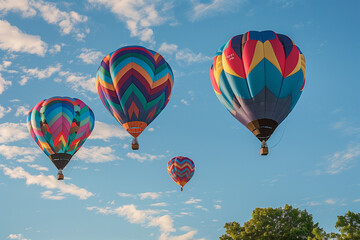 Fototapeta premium A colorful hot air balloon gracefully floats through the vast expanse of the sky, its vibrant hues contrasting against the serene backdrop, evoking a sense of adventure and freedom in a whimsical jour