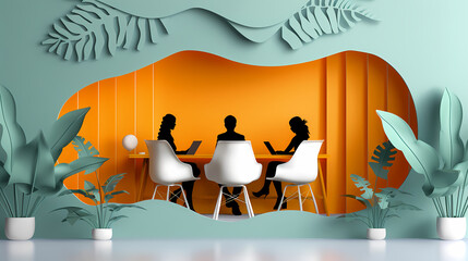 Training of employees in the office. Paper cut style.