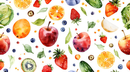 seamless pattern of vibrant, colorful fruits such as apples, oranges, blueberries, strawberries and kiwi on a white background.