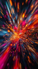 Abstract explosion of colorful particles in motion, dynamic burst effect. Digital art and creative design concept
