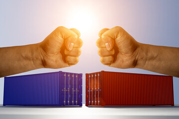 Red and blue fists collide head-on with the concept of trade confrontation