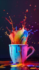 Colorful paint splash in a white mug, abstract artistic concept