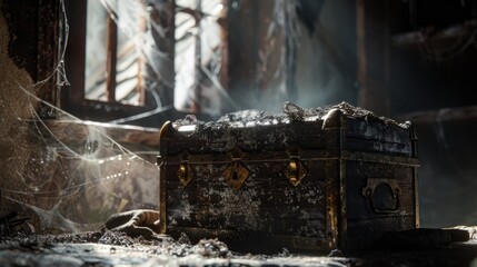 A mysterious treasure chest discovered in an abandoned castle's dungeon, covered in dust and cobwebs