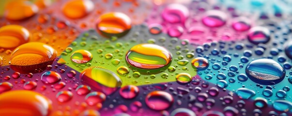 Colorful water droplets on a vibrant surface, close-up view. Abstract art and creativity concept
