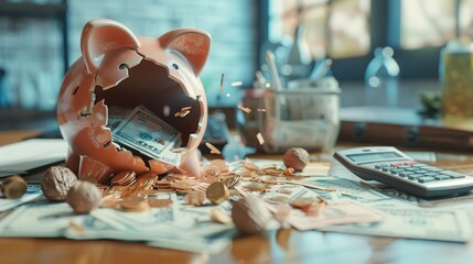 A piggy bank in pieces with money spilling out onto a desktop with financial documents and a calculator nearby