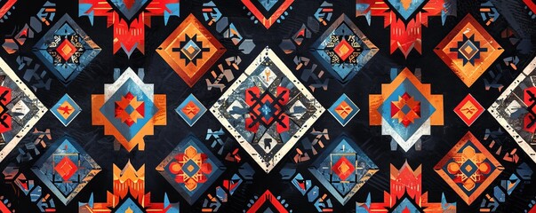 Colorful geometric pattern with tribal motifs, vibrant design. Ethnic and cultural concept