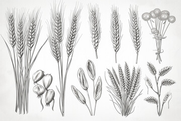 Vector hand drawn wheat or barley isolated on white background. Wheat collection in engraved vintage style. various wheat ears, heap of grains, malt or barley spikelets realistic sketch illustration

