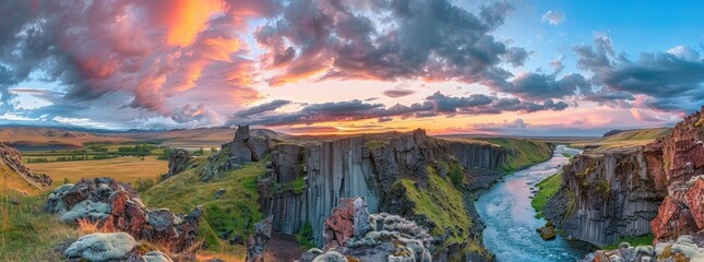 panoramic view of the beautiful basalt columns and blue river inland with a dramatic sky sunset,