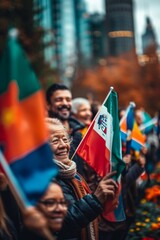 Joyful Emigration Celebration: Diverse Group of New Citizens Waving Flags in City Park at Daytime