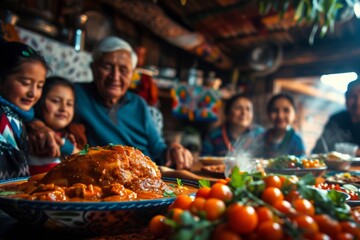 Obraz premium Latino Family Celebrates New Citizenship with Traditional Meal at Home, Exuding Happiness and Togetherness