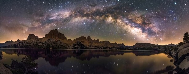 panoramic view of the milky way over lake booth in peaks mountain range in Spain, photo