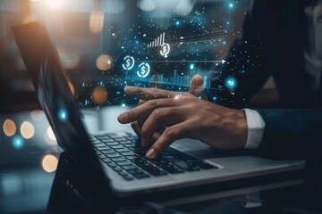 Businessmen use laptops and hand-held ICONS for bags with money, calculators on virtual screens for financial management concepts,