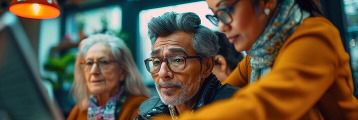 Obraz premium Multiracial Group Checks Citizenship Status on Digital Platform in Modern Office, Featuring Indian Man Assisting Elderly Woman