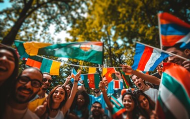 Multiracial Friends Celebrating New Citizenship Outdoors with Country Flags at Park