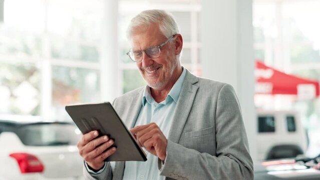Mature man, car dealership and tablet for sales, auto and showroom for professional. Portrait, technology and manager and eccomerce, seller and male person for customer service agent for vehicle