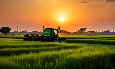 Fototapeta premium combine harvester working on a field sun and sky 